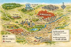 Illustrierte Karte von Nairobi mit dem Standort von Korogocho und einigen Sehenwürdigkeiten in Nairobi | KI generiert