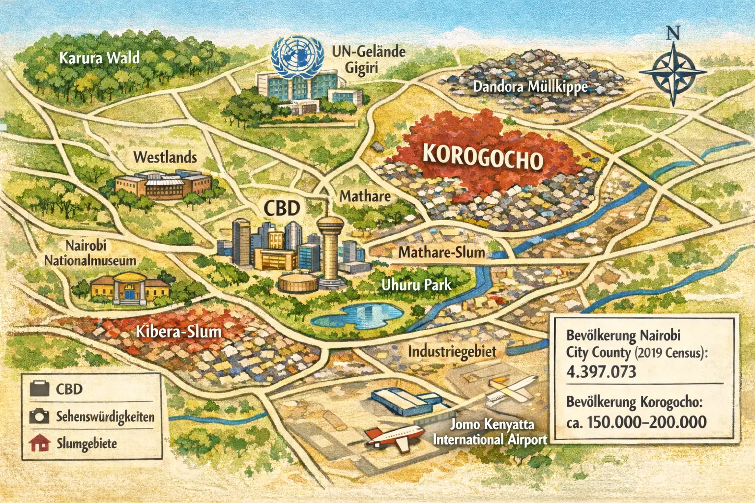 Illustrierte Karte von Nairobi mit dem Standort von Korogocho und einigen Sehenw&uuml;rdigkeiten in Nairobi | KI generiert