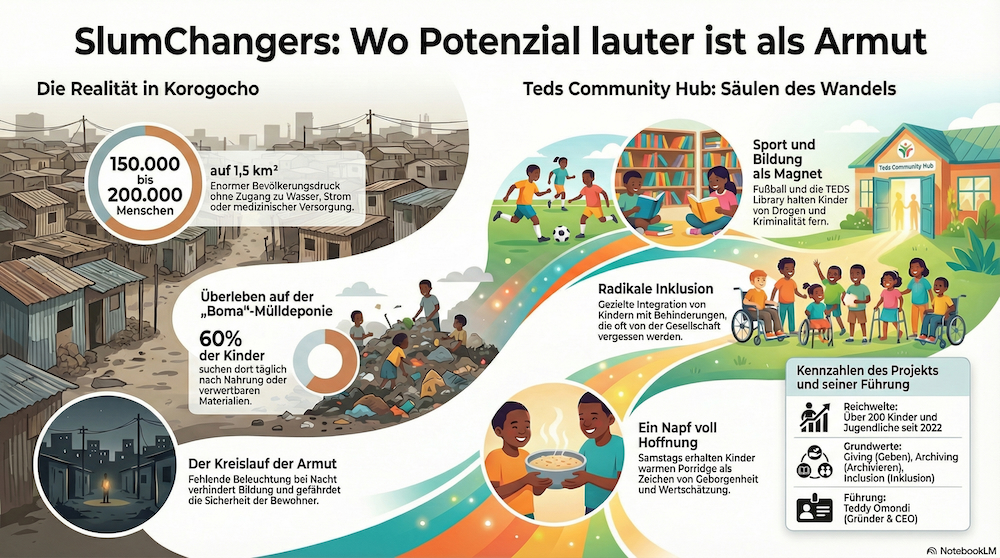 Eine Grafik, die die im Text beschriebenen Arbeiten von TEDS COMMUNITY HUB beschreibt und mit illustrierten Bildern untermalt, dazu erklärender Text.