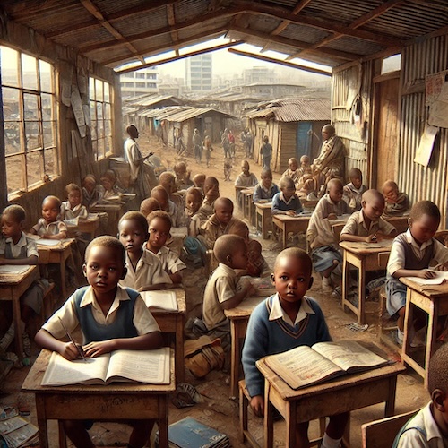 Eine Grundschule mit Kindern, die an einzelnen Tischen sitzen, eng aneinander ger&uuml;ckt. Das Geb&auml;ude besteht vor allem aus Holz, es ist nach hinten offen, so dass mann die Stra&szlig;e des Slums sehen kann. Das ist eine Illustration, die durch k&uuml;nstliche Intelligenz erstellt wurde.