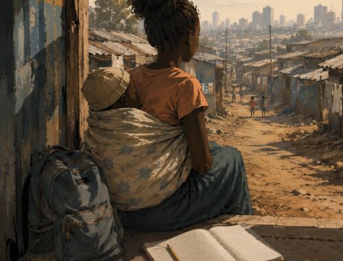 Ein Mädchen mit ihrem Baby auf dem Rücken und einem Notizheft an der Seite schaut in den Slum hinein. Illustration KI-generiert