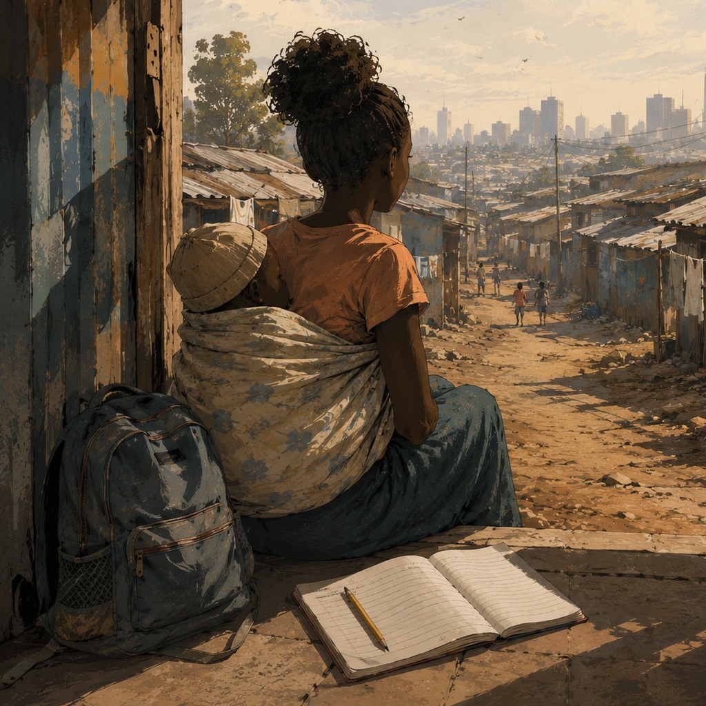 Ein Mädchen mit ihrem Baby auf dem Rücken und einem Notizheft an der Seite schaut in den Slum hinein. Illustration KI-generiert