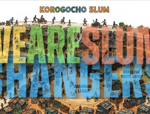 Gemeinnützigkeit: Illustration, die einen Slum zeigt mit der darübergelegten Beschriftung "WE ARE SLUM CHANGERS". KI-generiert