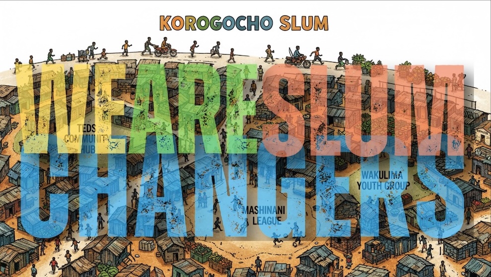 Gemeinnützigkeit: Illustration, die einen Slum zeigt mit der darübergelegten Beschriftung "WE ARE SLUM CHANGERS". KI-generiert