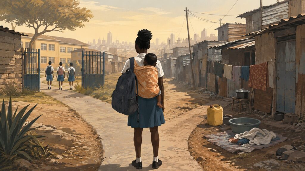 Nicht nur am Muttertag: Ein Mädchen mit seinem Baby auf dem Rücken steht vor einer Schule im Slum. Illustration KI-geneiert