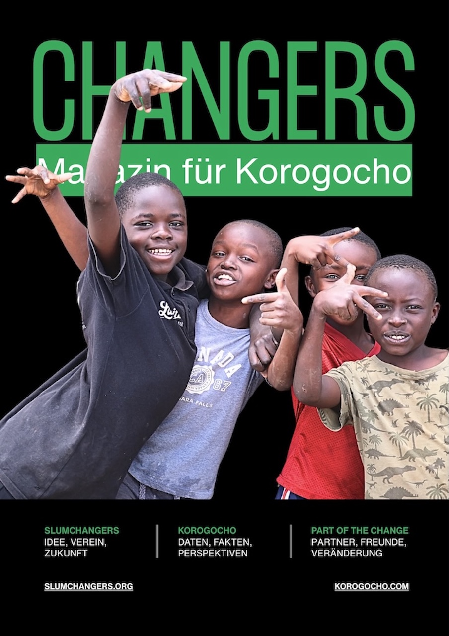 Cover des ChangersMagazin Nummer 1-2026. Es zeigt vier Kinder, die frphlich in die Kamera winken und lachen. Darauf der Titel Changers Magazin f&uuml;r Korogocho
