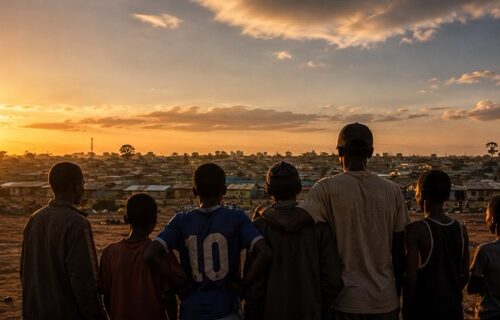 Silhouetten von M&auml;nnern und Jungen, die in einer informellen Siedlung in Nairobi zusammenstehen &mdash; Sinnbild f&uuml;r Gemeinschaft und das Brechen des Schweigens.