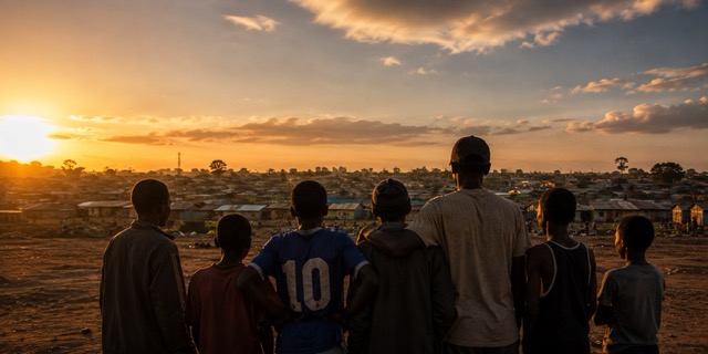 Silhouetten von Männern und Jungen, die in einer informellen Siedlung in Nairobi zusammenstehen — Sinnbild für Gemeinschaft und das Brechen des Schweigens.