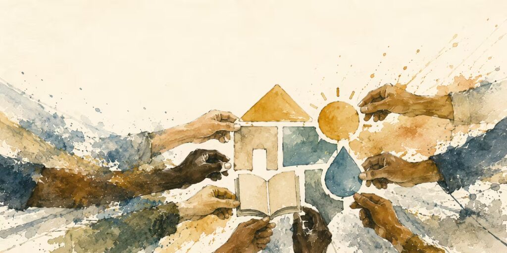 Halb-abstrakte Aquarellillustration: Viele Hände unterschiedlicher Größe und Hautfarbe setzen mit sichtbarem Schwung geometrische Symbolformen – Haus, Buch, Wassertropfen, Sonne – zusammen, Lücken noch offen, Ocker-, Terrakotta- und Petrolpalette, Splatter am Rand.