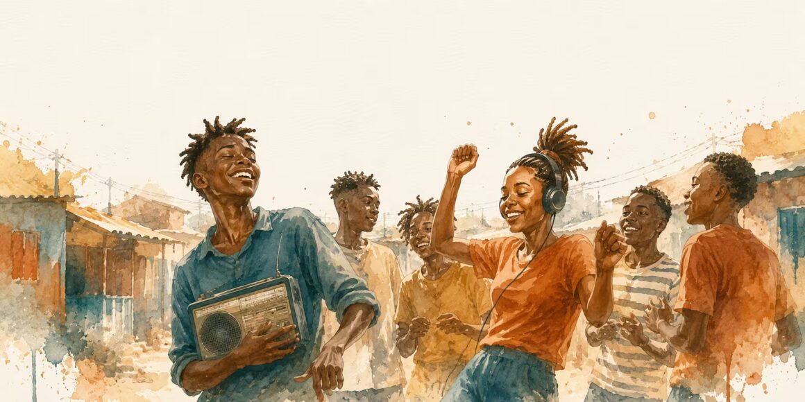 Aquarell: Jugendliche aus Korogocho tanzen und grooven gemeinsam zu einem alten Radio – gute Laune und Gemeinschaft