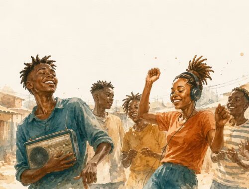 Aquarell: Jugendliche aus Korogocho tanzen und grooven gemeinsam zu einem alten Radio – gute Laune und Gemeinschaft