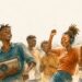 Aquarell: Jugendliche aus Korogocho tanzen und grooven gemeinsam zu einem alten Radio – gute Laune und Gemeinschaft