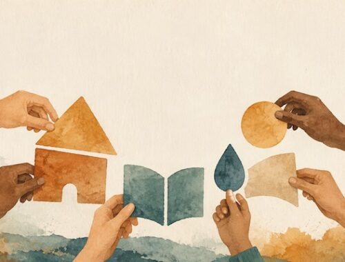 Illustration: mehrere Hände setzen geometrische Symbolformen – Haus, Buch, Wassertropfen, Sonne – zu einem größeren Ganzen zusammen