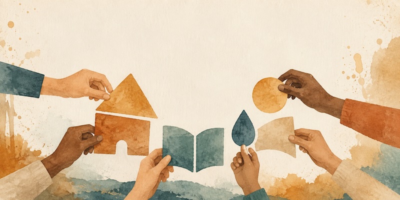 Illustration: mehrere Hände setzen geometrische Symbolformen – Haus, Buch, Wassertropfen, Sonne – zu einem größeren Ganzen zusammen