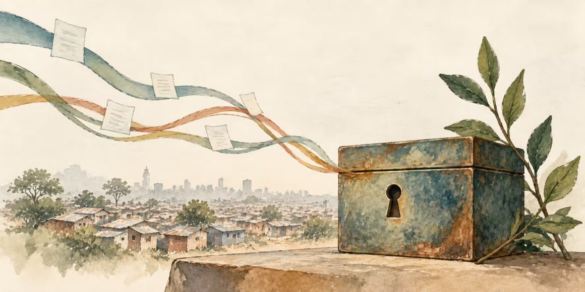 Aquarell-Illustration mit geschützter Kassette, Datenströmen und angedeutetem Korogocho – Symbol für Datenschutz und verantwortungsvollen Umgang mit Daten bei SlumChangers.