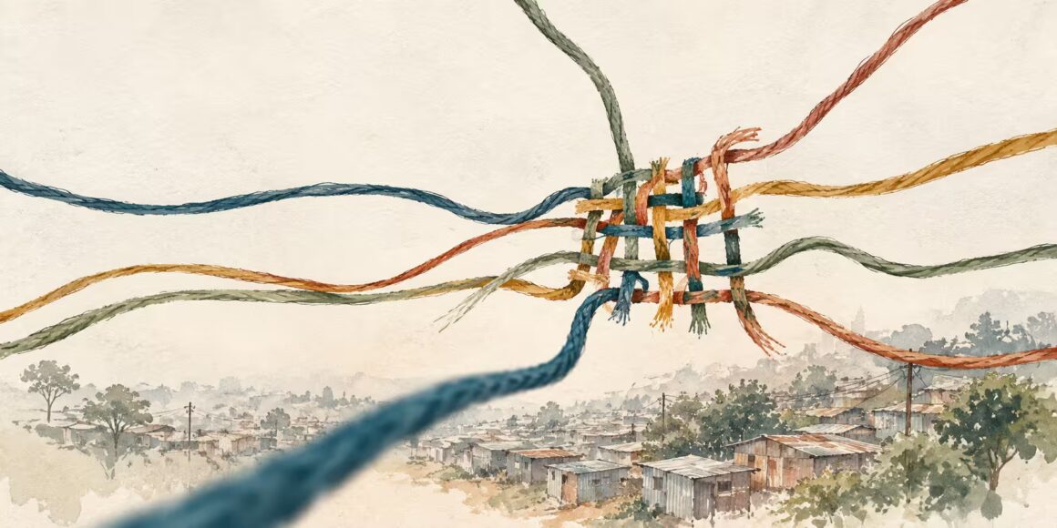Aquarell-Illustration aus miteinander verwobenen farbigen Fäden über Korogocho – Symbol für Gemeinschaft und Mitgliedschaft bei SlumChangers.