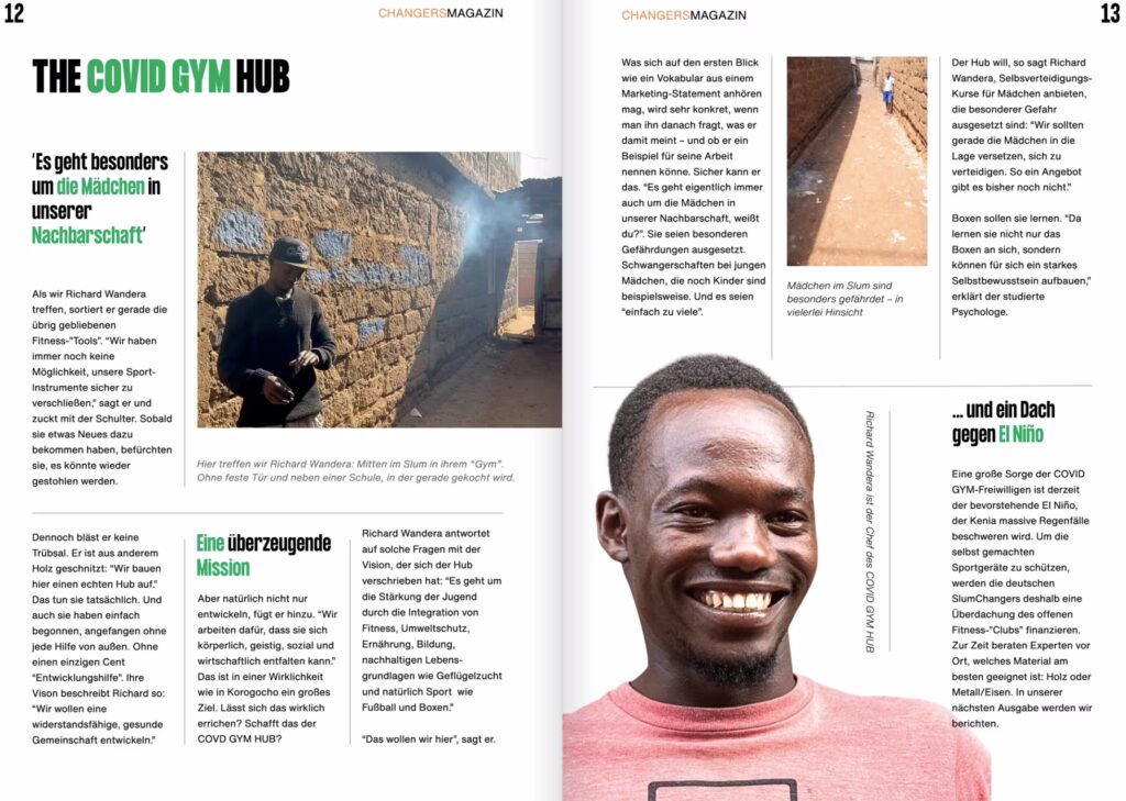 A double-page spread in ChangersMagazin featuring the article on the Covid Gym Hub.
