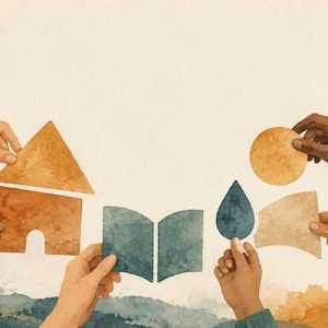 Illustration: mehrere Hände setzen geometrische Symbolformen – Haus, Buch, Wassertropfen, Sonne – zu einem größeren Ganzen zusammen
